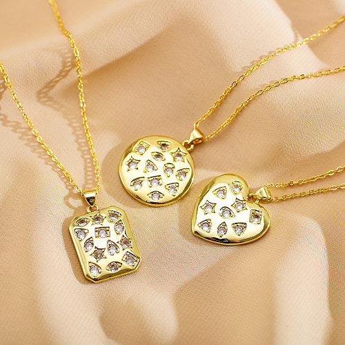 Simple Style Round Square Heart Shape Titanium Steel Copper Inlay Zircon Gold Plated Pendant Necklace