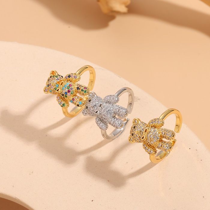 Elegante estilo clássico urso cobre assimétrico chapeamento incrustado zircão anéis abertos banhados a ouro 14K