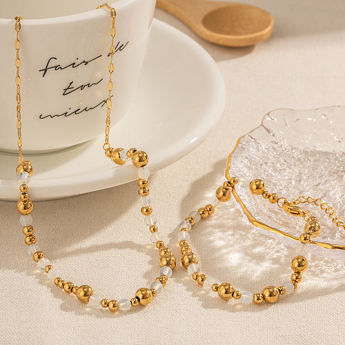 IG Style Lässige runde Halskette aus Edelstahl mit Mondstein-Perlenbeschichtung und 18 Karat vergoldeten Armbändern