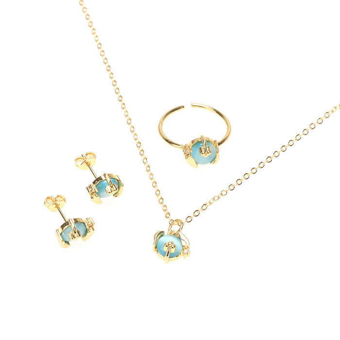Simple Style Geometric Copper Plating Inlay Opal 18K Gold Plated Rings Earrings Necklace
