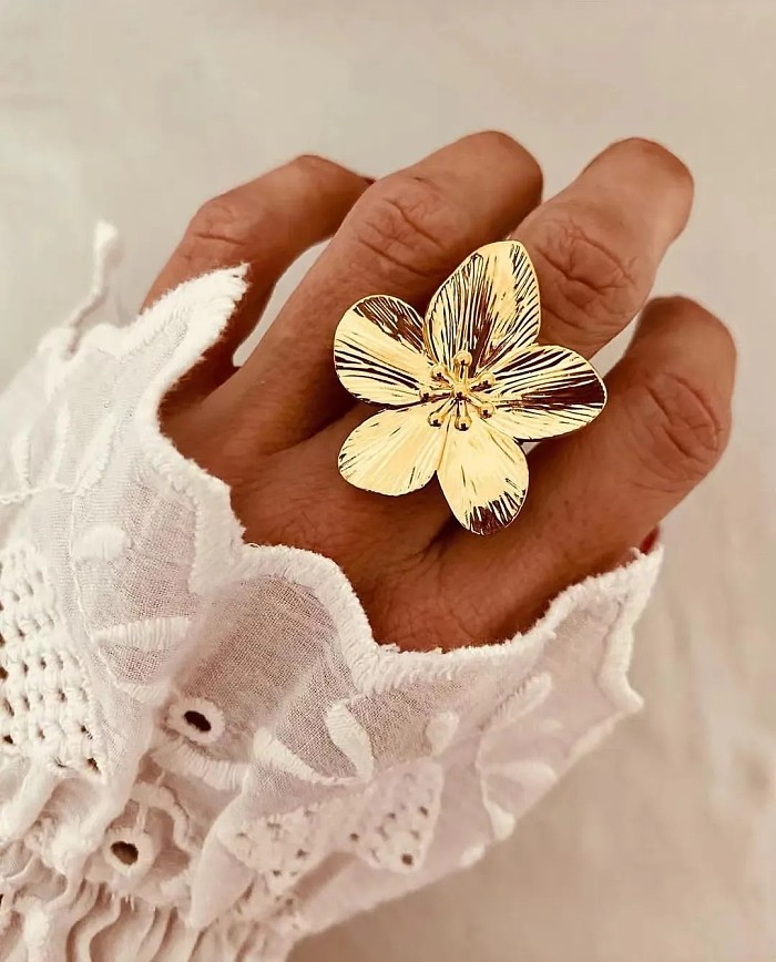 INS estilo flor borboleta chapeamento de aço inoxidável incrustação turquesa 18K anéis banhados a ouro brincos