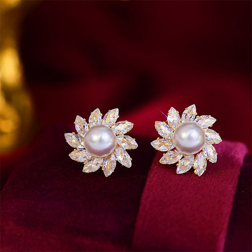 1 Pair Elegant Flower Plating Inlay Copper Pearl Zircon 14K Gold Plated Ear Studs
