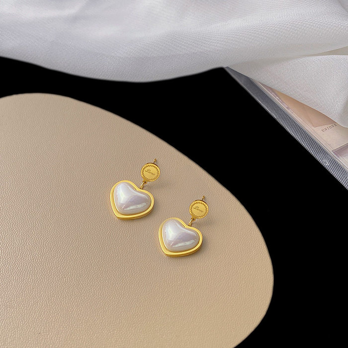 Boucles d'oreilles plaquées or 18 carats, Style Simple et élégant, incrustation de perles artificielles en acier et titane en forme de cœur