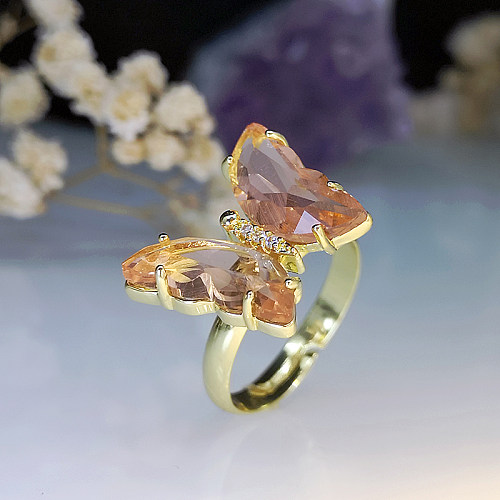 Elegante glam borboleta chapeamento de cobre embutimento zircão anel aberto banhado a ouro
