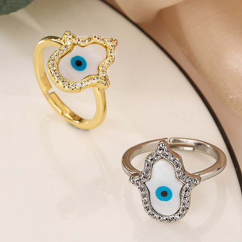 Simple Style Commute Devil'S Eye Hand Of Fatima Copper Plating Inlay Zircon 18K Gold Plated Open Rings