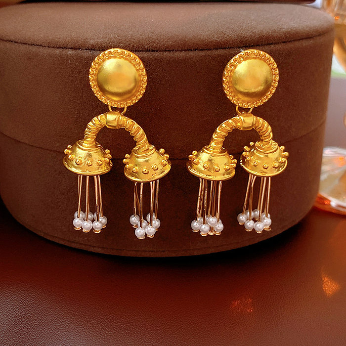 1 paire de boucles d'oreilles élégantes rétro avec incrustation de gouttelettes d'eau en cuivre et perles