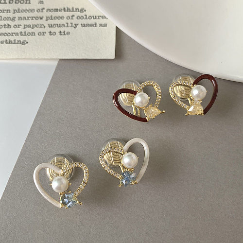 1 par de pérolas artificiais em forma de coração, bloco de cor doce, chapeamento, pérolas artificiais, zircão, punhos de orelha