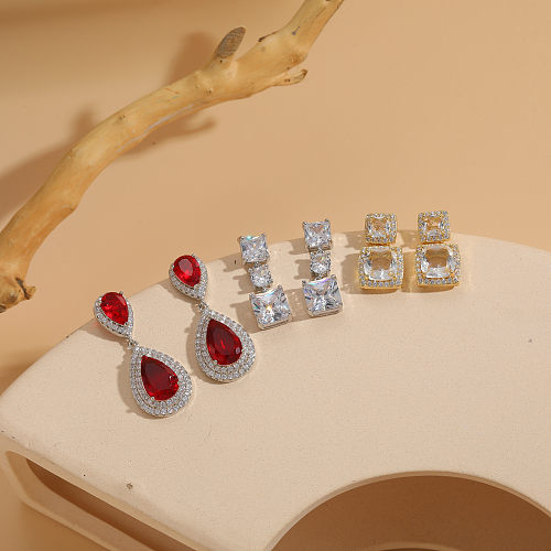 1 Pair Elegant Square Water Droplets Plating Inlay Copper Zircon 14K Gold Plated Drop Earrings