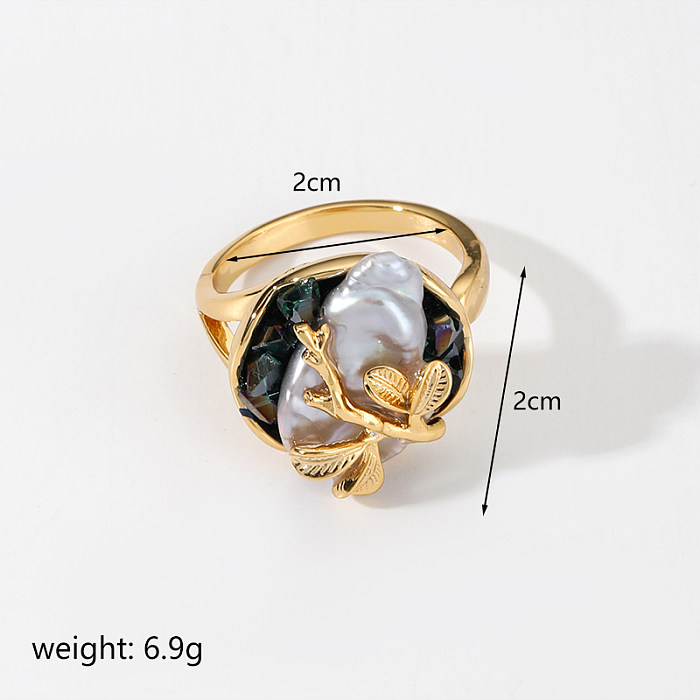 Offene Ringe mit Retro-Blättern, Kupferbeschichtung, Inlay, Perle, 18 Karat vergoldet