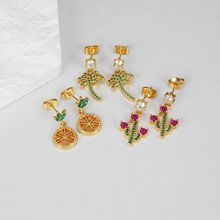 Boucles d'oreilles pendantes en Zircon plaqué cuivre, Cactus, palmier, 1 paire, à la mode