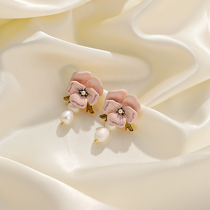 1 Pair Elegant Korean Style Flower Enamel Plating Inlay Copper Artificial Pearls 18K Gold Plated Drop Earrings