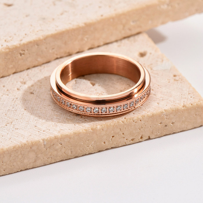 Korean Style Solid Color Stainless Steel Plating Inlay Zircon Rose Gold Plated Rings