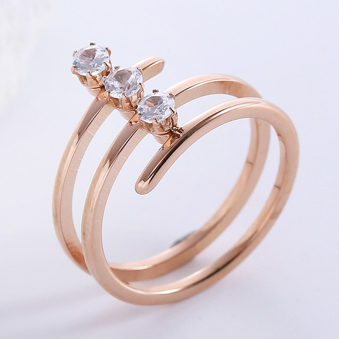 Casual Formal Lines Stainless Steel Inlay Zircon 18K Gold Plated Rings