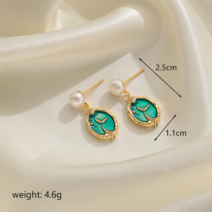 1 Pair Retro Commute Fish Tail Enamel Plating Inlay Copper Freshwater Pearl 18K Gold Plated Drop Earrings
