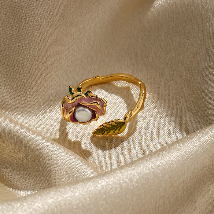 Fairy Style Retro Leaf Flower Copper Enamel Plating Inlay Artificial Pearls 18K Gold Plated Open Rings