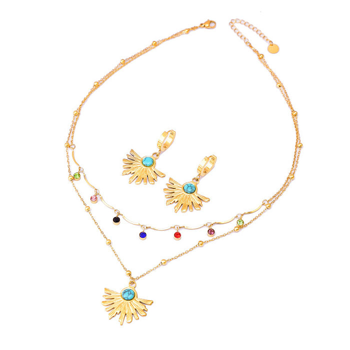 Retro-Halskette mit runden Ohrringen aus Titanstahl und Inlay in Türkis
