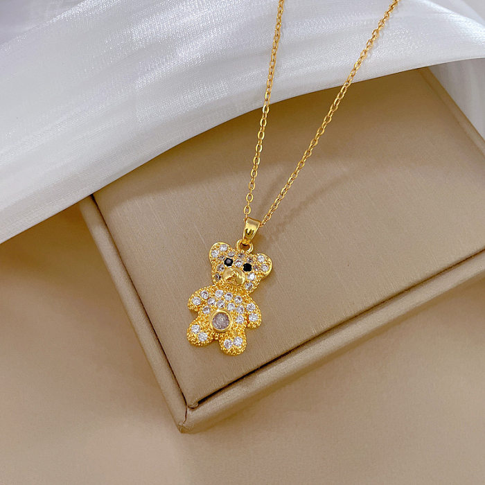 Cartoon Style Sweet Little Bear Titanium Steel Copper Artificial Gemstones Pendant Necklace In Bulk