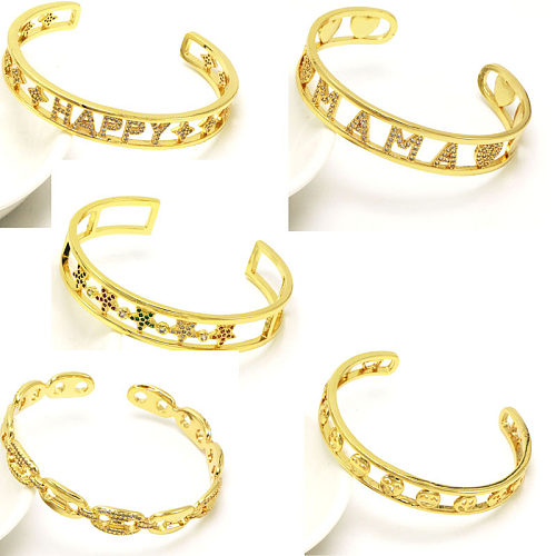 Simple Style Smiley Face Copper Hollow Out Artificial Gemstones Gold Plated Bangle
