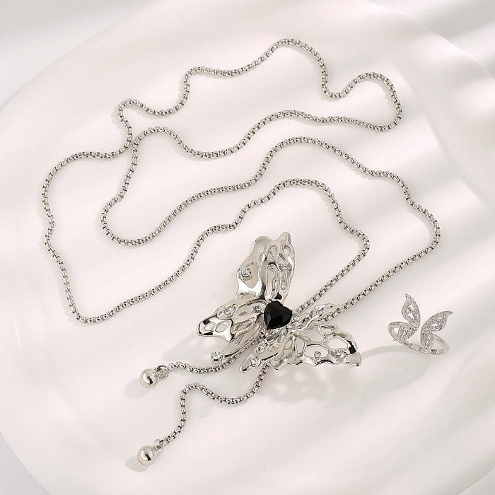 Sweet Butterfly Titanium Steel Plating Silver Plated Rings Necklace