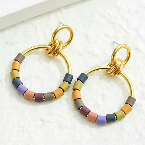 1 paire de boucles d'oreilles pendantes en cuivre plaqué or 18 carats, style simple, bloc de couleur, patchwork