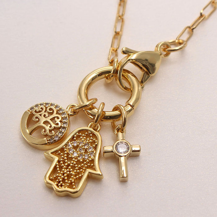 Modern Style Cross Heart Shape Bc1035 Lucky Tree Copper Gold Plated Zircon Pendant Necklace In Bulk