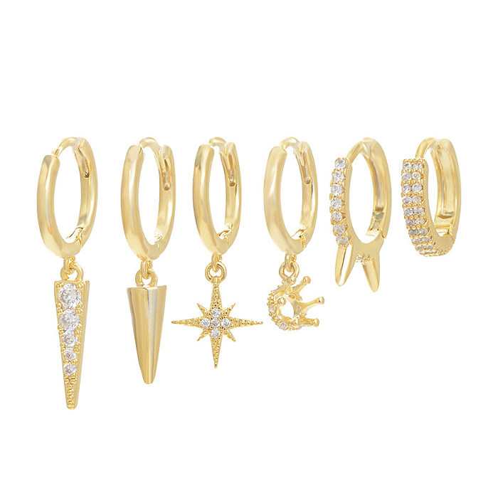 Fashion Star Crown Copper Drop Earrings Earrings Asymmetrical Inlay Zircon Copper Earrings 3 Pairs
