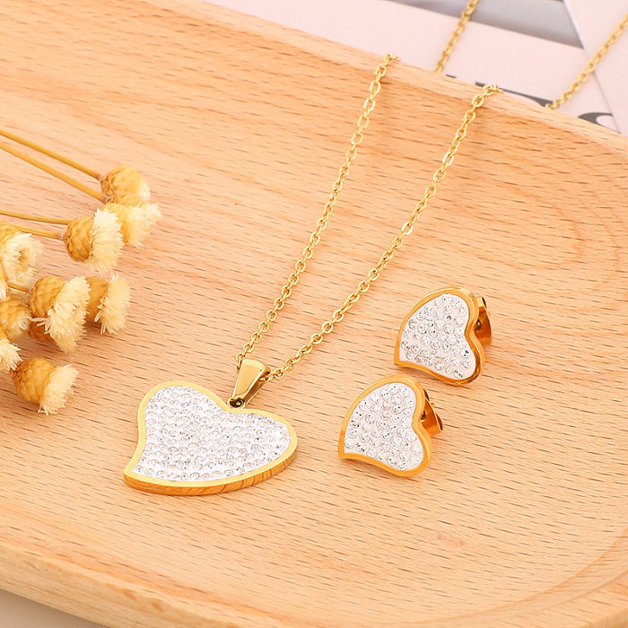Simple Style Shiny Heart Shape Titanium Steel Plating Inlay 18K Gold Plated Jewelry Set