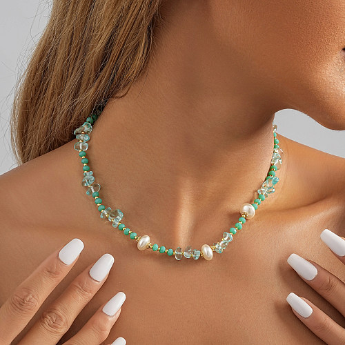 Collar de perlas de piedra natural chapado en cobre con bloques de color, dulce y sencillo