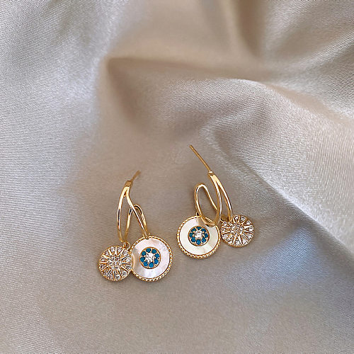 1 Pair Elegant Lady Round Inlay Copper Shell Zircon Drop Earrings