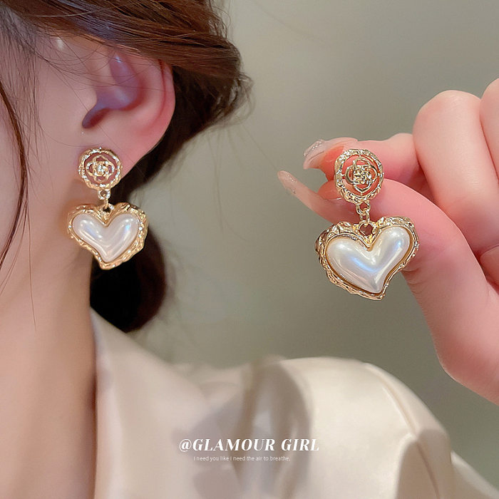 French Style Heart Shape Copper Plating Inlay Pearl Drop Earrings 1 Pair