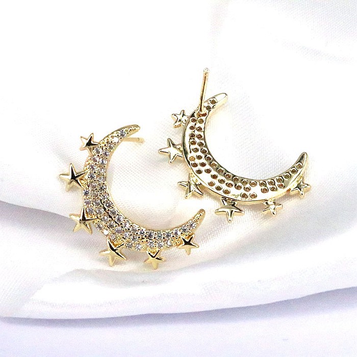 1 paire INS Style décontracté étoile lune papillon cuivre placage incrustation Zircon plaqué or clous d'oreille