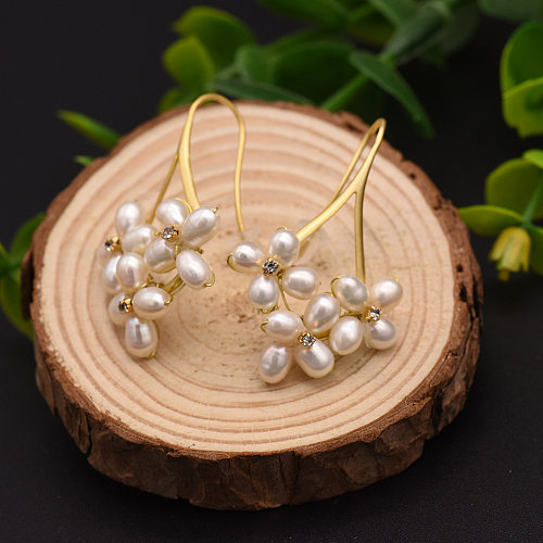 Boucles d'oreilles pendantes en cuivre et Zircon plaqué or 1 carats, 18 paire, incrustation de fleurs décontractées, perles d'eau douce
