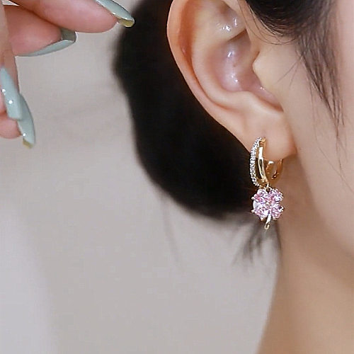 1 paire de boucles d'oreilles en cristal artificiel, incrustation de fleurs douces, perles artificielles en cuivre