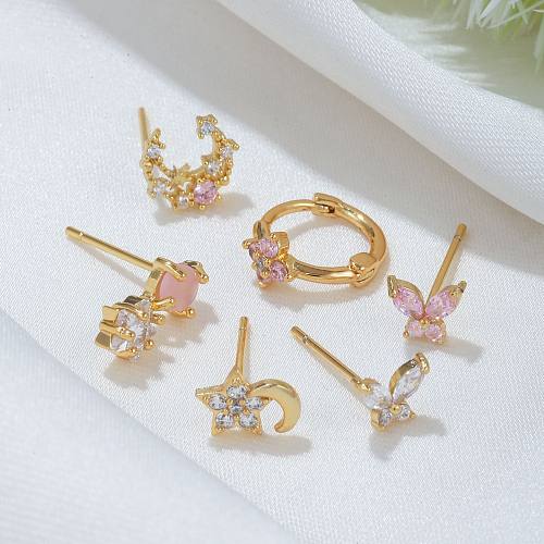 Fashion Star Moon Butterfly Copper Inlay Zircon Earrings 1 Set