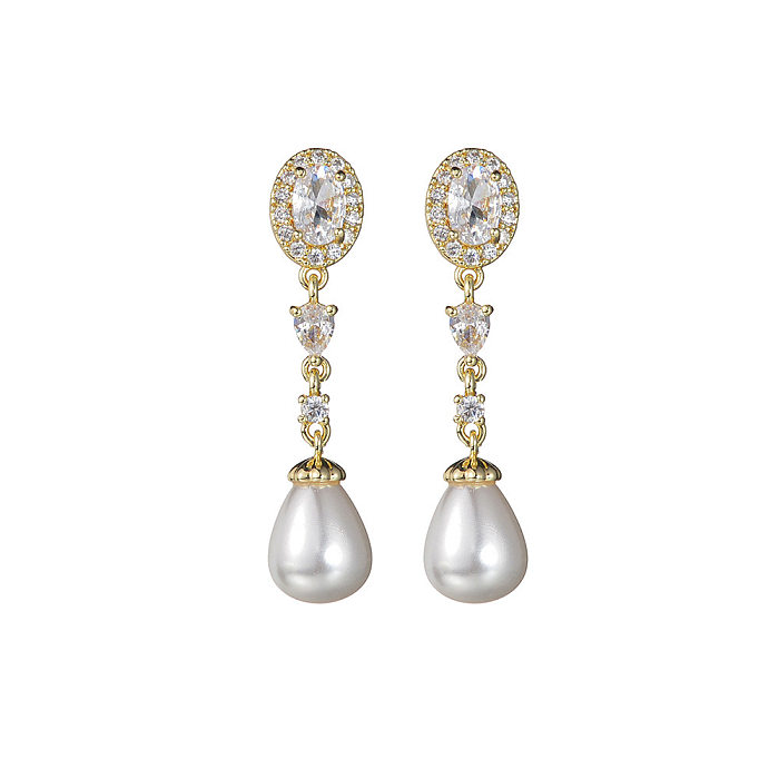1 Pair Casual Simple Style Oval Water Droplets Plating Inlay Copper Pearl Zircon Drop Earrings