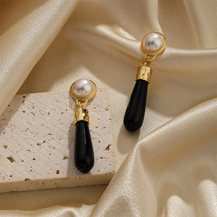 1 Paar lässige, schlichte, runde Achat-Beschichtungs-Inlay-Kupfer-Perlen-Ohrringe mit 18-Karat-Vergoldung