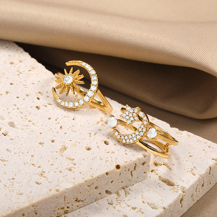 1 Piece Fashion Star Moon Brass Plating Inlay Zircon Open Ring