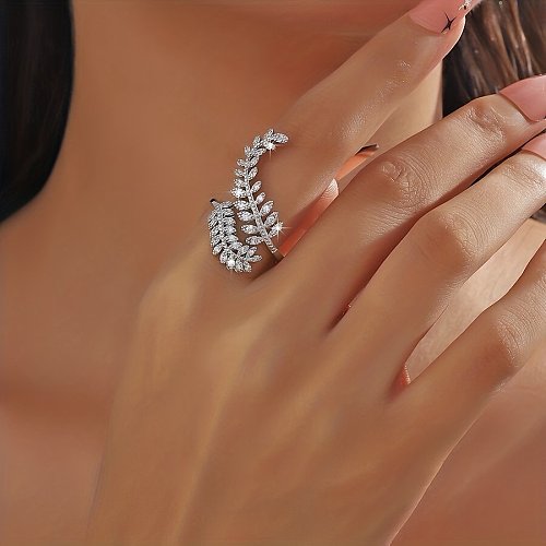 IG Style Shiny Leaves Copper Plating Inlay Rhinestones Silver Plated Open Rings