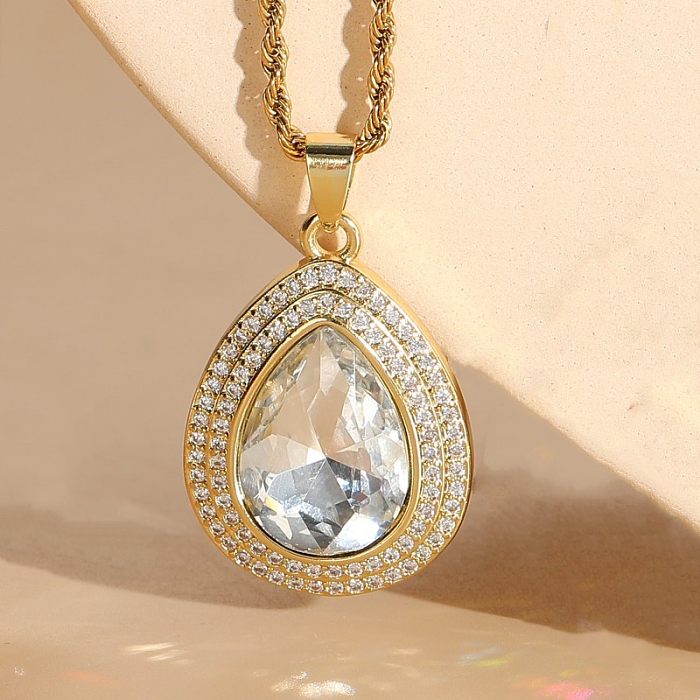 Luxurious Water Droplets Titanium Steel Copper Inlay Zircon 14K Gold Plated Pendant Necklace
