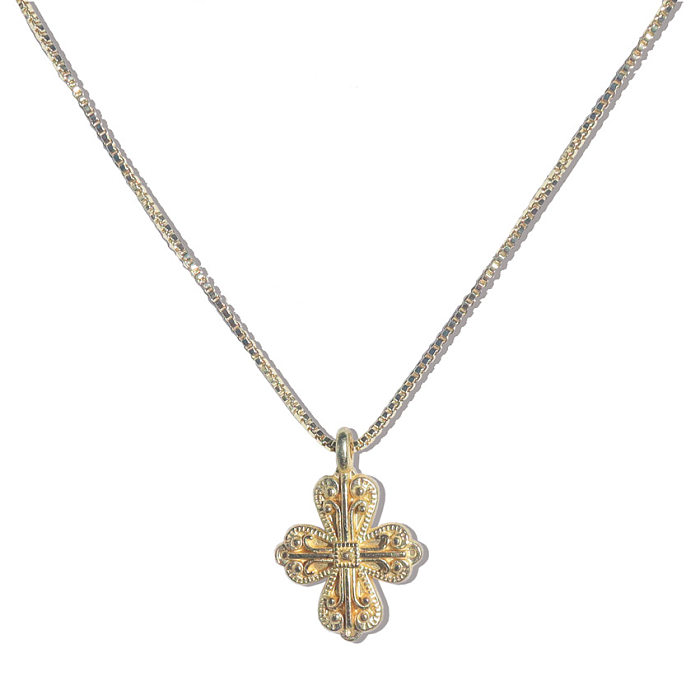 European And American Flower Cross Necklace Full Geometric Rules Full Pendant Clavicle Chain Copper Plated Real Gold Color Retention