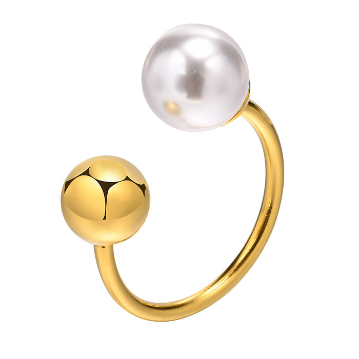 Simple Style Asymmetrical Pearl Titanium Steel Plating Open Ring