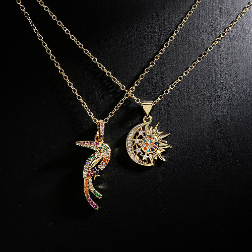 Fashion Copper 18K Gold Zircon Sun Moon Star Shaped Pendant Necklace