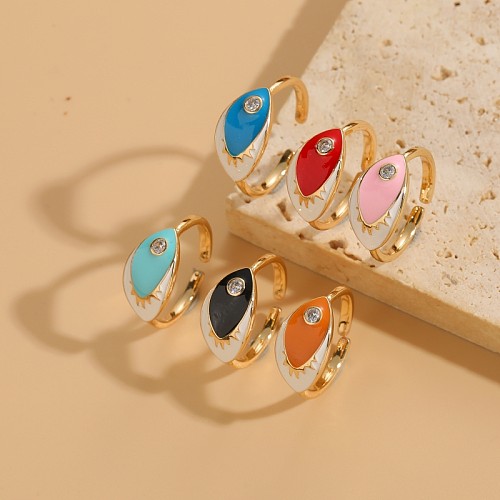Luxuriöse offene Ringe im klassischen Stil mit Teufelsauge, Kupfer-Emaille-Beschichtung, Zirkon-Inlay und 14-Karat-Vergoldung