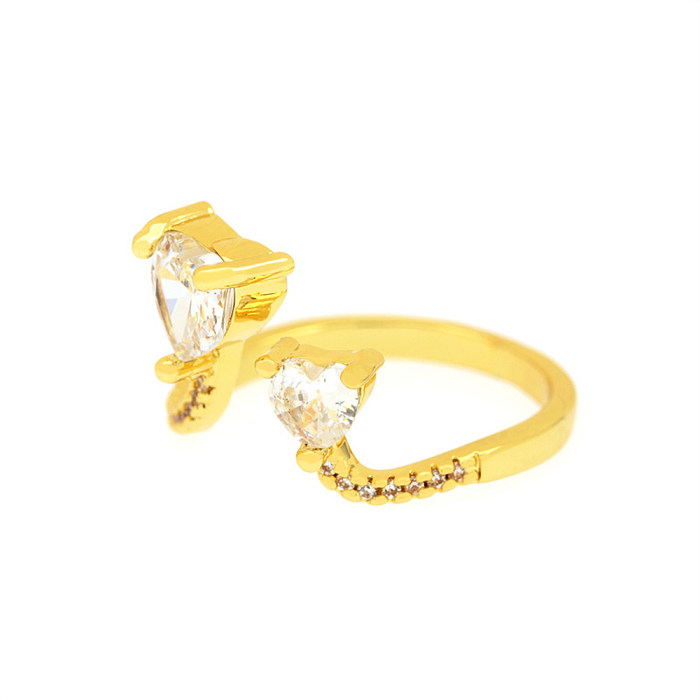 IG Estilo Estilo Simples Forma de Coração Chapeamento de Cobre Inlay Zircon 18K Anéis Abertos Banhados a Ouro