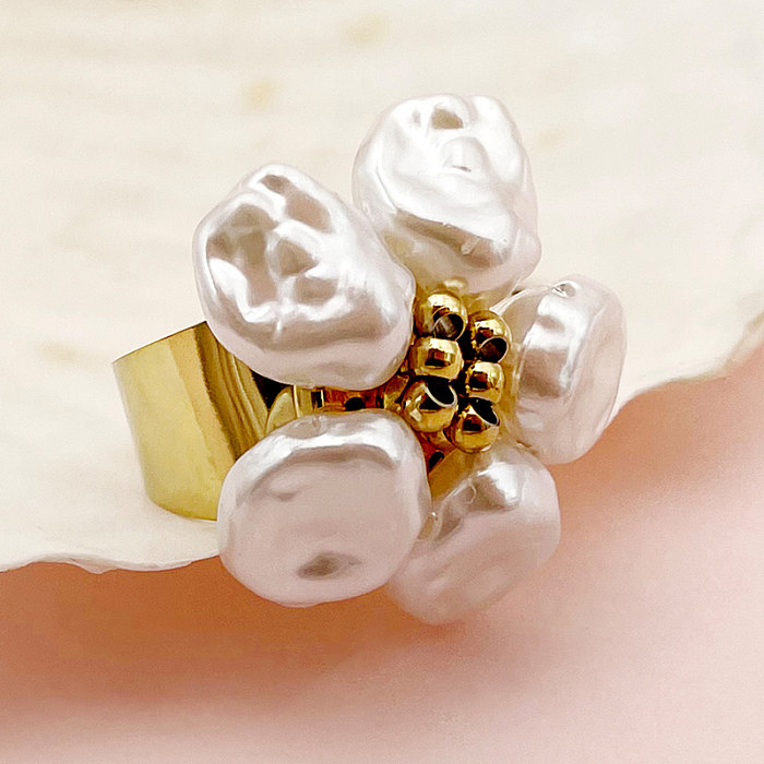 IG Style Vintage Style Flower Stainless Steel Plating Inlay Shell Gold Plated Open Rings