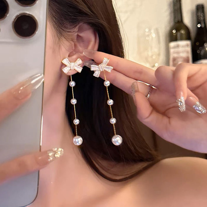 1 Paar süße Schleife-Knoten-Überzug-Inlay-Ohrringe aus Messing mit künstlichen Perlen