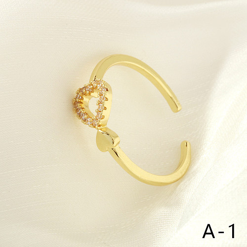 Elegant Simple Style Commute Geometric Heart Shape Copper Plating Inlay Zircon 18K Gold Plated Open Rings