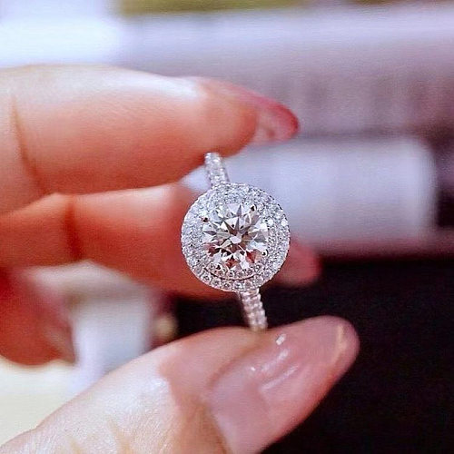 Anel de cobre de noivado de diamante redondo de zircônia geométrica requintada da moda