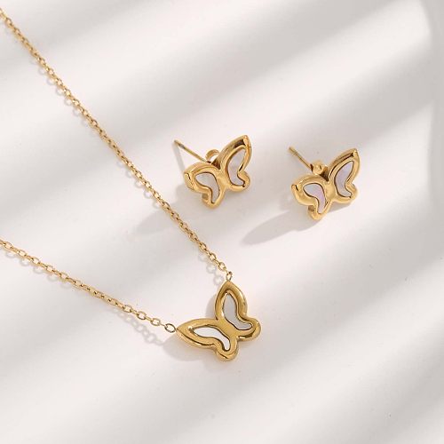 Niedliche Schmetterlings-Ohrring-Halskette mit Titan-Stahlbeschichtung und Inlay