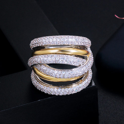 Luxuriöse, schlichte, einfarbige Ringe mit Kupferbeschichtung und Inlay aus Zirkon, vergoldet und rhodiniert